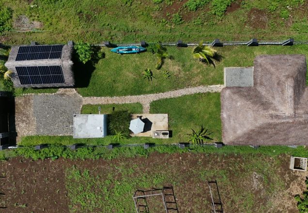 Tropical Nosy Be house as seen from above, birds eye perspective
