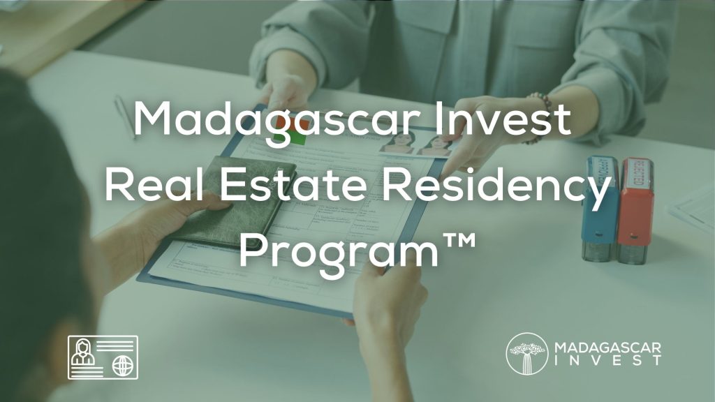 Image with the headline overlay of madagascar real estate residency program showing 2 people exchanging residency application documents