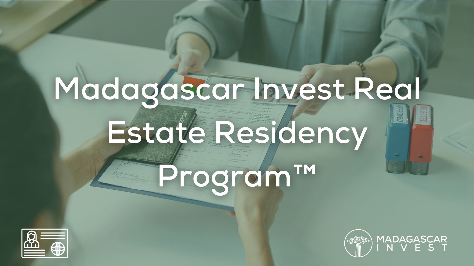Image with the headline overlay of madagascar real estate residency program showing 2 people exchanging residency application documents